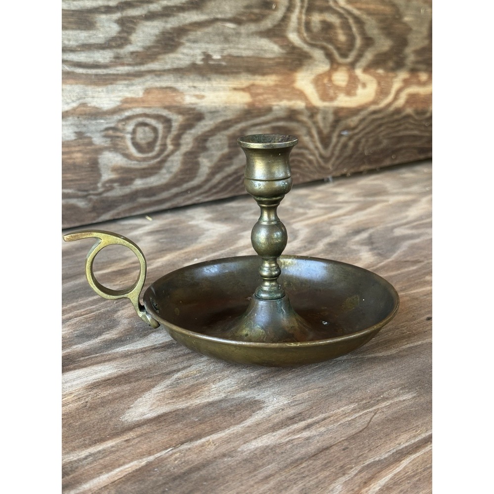 Vintage Brass Chamberstick Candle Holder Thumb Rest Finger Hole Drip Pan Patina